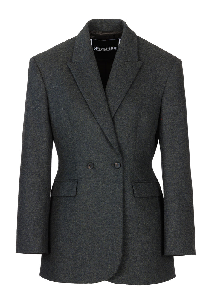 Double-breasted blazer sharply tailored in dark green wool flannel. Wide shoulders are emphasized by the shoulder pads combined with a slim waistline that creates a modern silhouette. Fully lined with satin, horn buttons and flap pockets.