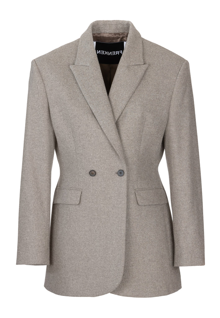 Double-breasted blazer sharply tailored in stone wool flannel. Wide shoulders are emphasized by the shoulder pads combined with a slim waistline that creates a modern silhouette. Fully lined with satin, horn buttons and flap pockets.