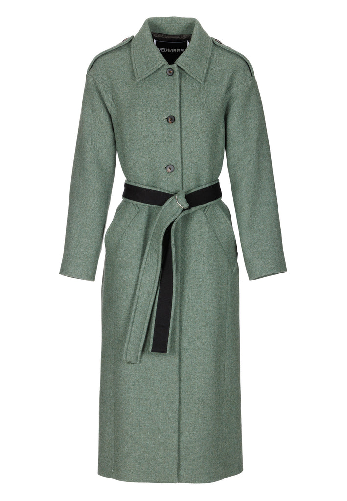 Oversized relaxed-fit coat in green melange cut from a recycled soft wool blend, fully lined with satin. It comes with a coordinating belt to temper the loose fit and to cinch to the waistline.