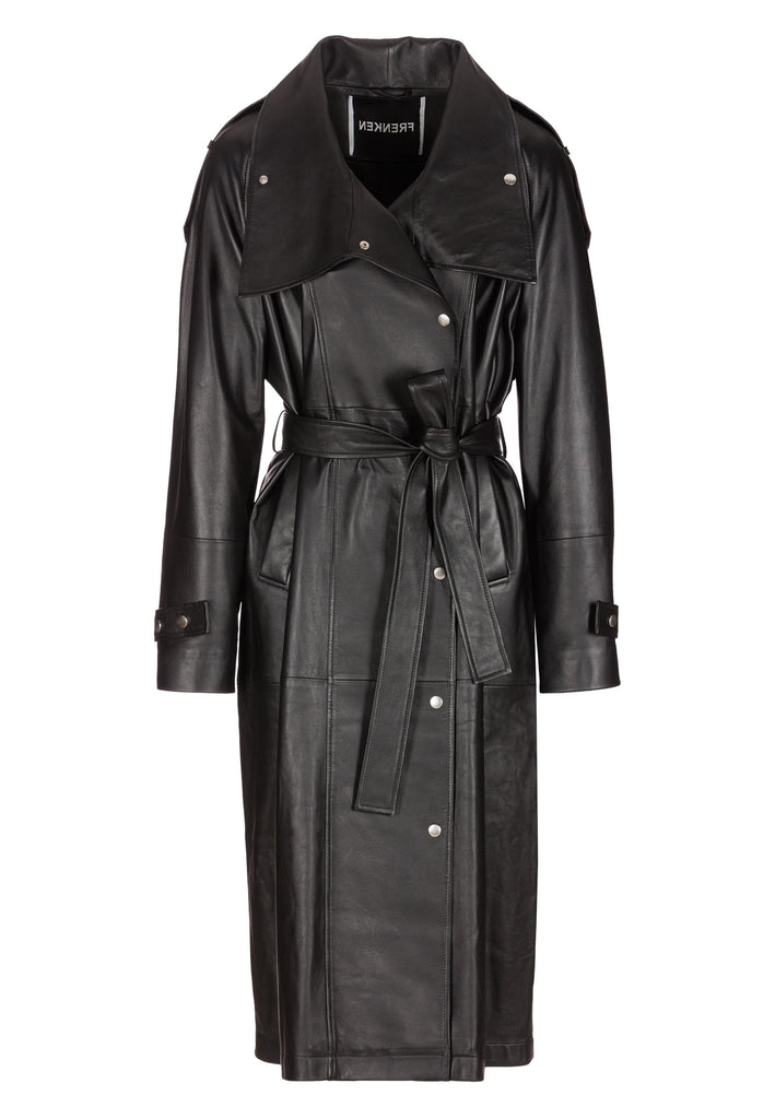 Oversized trench coat crafted in butterly soft lamb leather in black. Detailed with silver metal press buttons at front closure, epaulettes at shoulders and cuffs. Designed with a maxi collar with the snap-fastening buttons and a self-leather belt tp cinch the loose oversized fit.