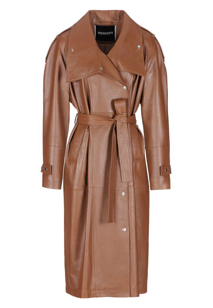 Oversized trench coat crafted in butterly soft lamb leather in cognac. Detailed with silver metal press buttons at front closure, epaulettes at shoulders and cuffs. Designed with a maxi collar with the snap-fastening buttons and a self-leather belt tp cinch the loose oversized fit.