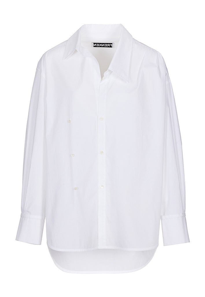 Menswear-inspired wrap-shirt in white. Features a second row of buttons, wear it normally or asymmetrically. 2 in 1. Fits oversize.