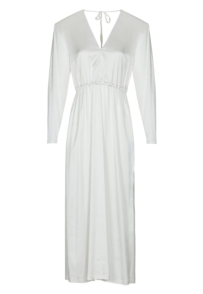 Shoulder-padded satin slim dress in off-white. Features a v-neck, back and leg openings, and an elastic waistband. True to size.