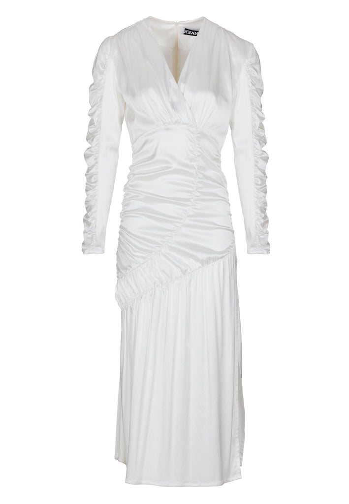 Satin midi dress in off-white. Features a v-neck, wrinkled-style hip and arms, and leg opening. True to size.
