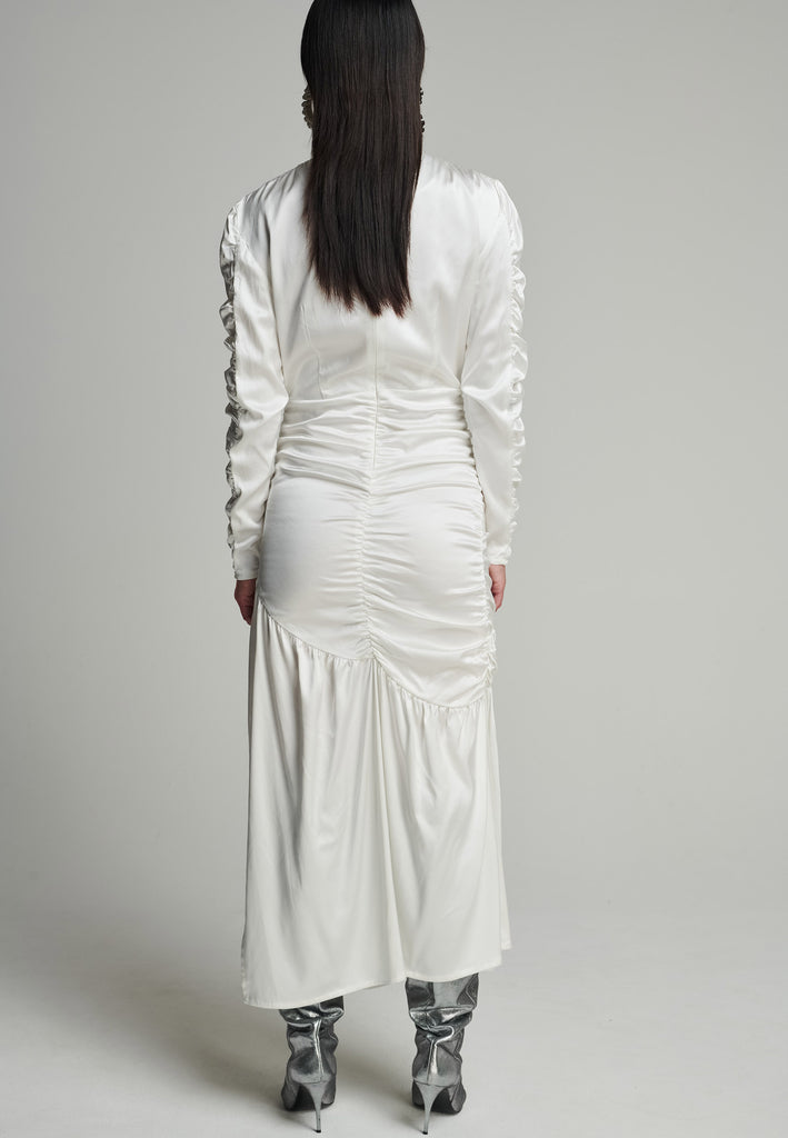 Satin midi dress in off-white. Features a v-neck, wrinkled-style hip and arms, and leg opening. True to size.