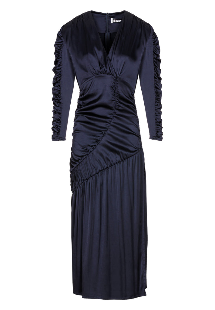 Satin midi dress in navy. Features a v-neck, wrinkled-style hip and arms, and leg opening. True to size.