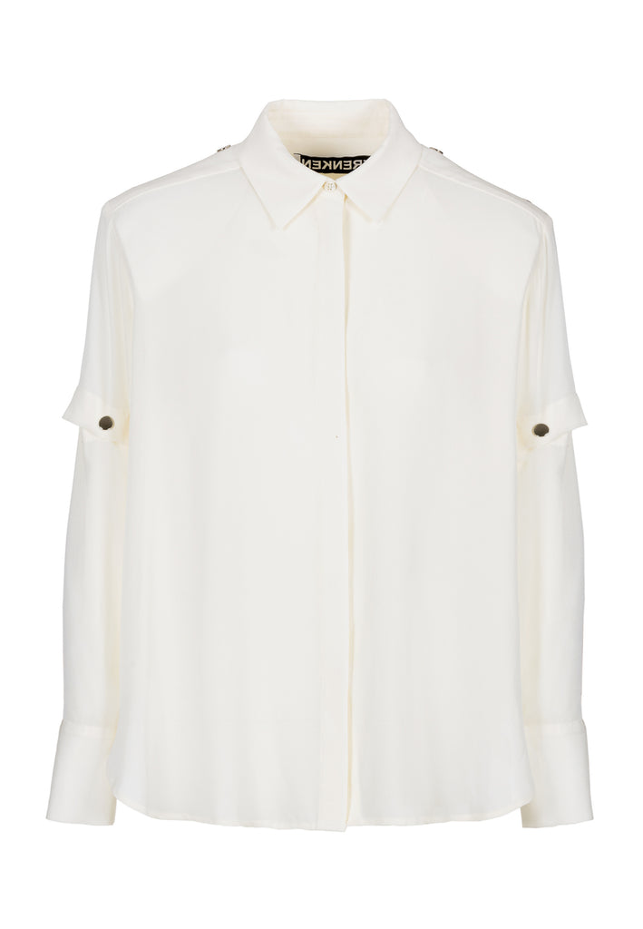 Wide-shouldered silk top in off-white. Features a classic collar, and removable sleeves. Fits oversize.
