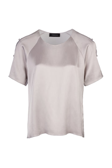 Mat top, pale grey color. top with a georgette back pannel. With fabric covered buttons at the shoulder. Amsterdam fashion