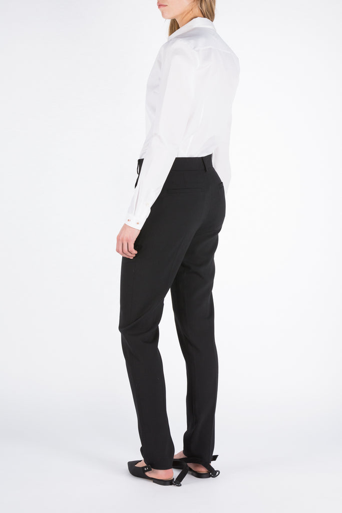 Pants, black, Alice. FRENKEN fashion brand. Light wool sigerette pants, with belt loops, zipper closure and satin pocket inserts and back welt pocket