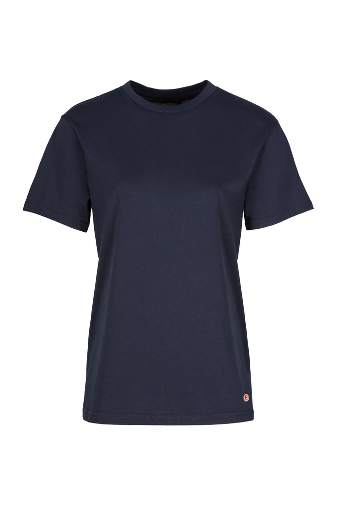 Navy basic top. Fabric: 100% cotton. Relaxed fit cotton T-Shirt with two darts in the waist at the back panel.