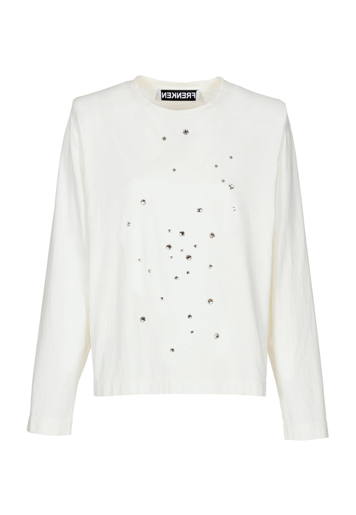 Cotton long-sleeved top in off-white. Features sprinkled Swarovski diamonds, and shoulder pads. True to size.