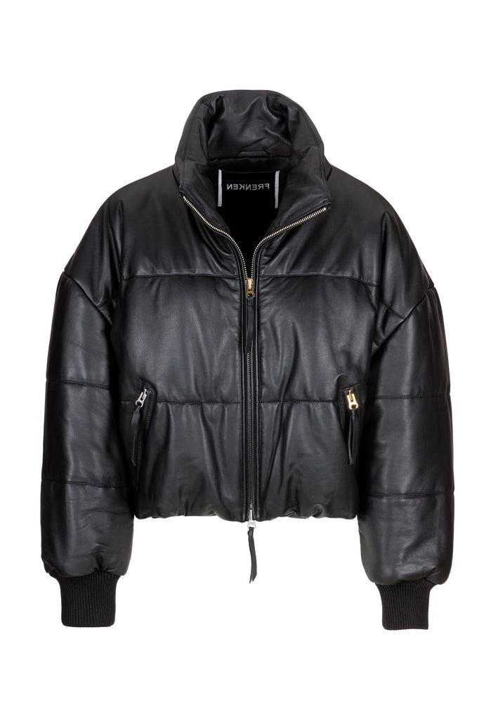 Wide-shouldered leather fully lined puffer coat. Features elasticated cuffs, zip fastening and pockets. Fits oversized.