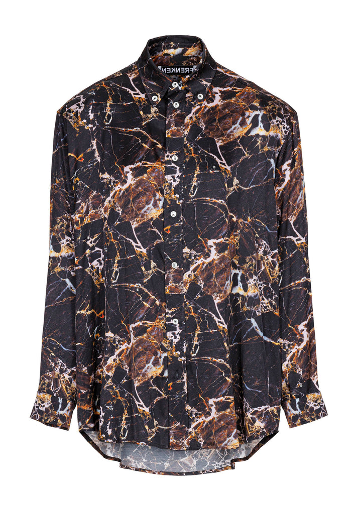 Wide-shouldered shirt with a shiny stretch brown digital marble print. Spiced-up with sprinkled dazzling Swarovski diamonds. Features a button fly-front. Fits oversize.