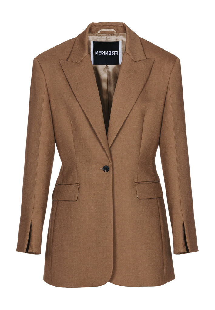 Sharp-tailored blazer in camel. Features shoulder-pads, pockets, and cuff opening. True to size.