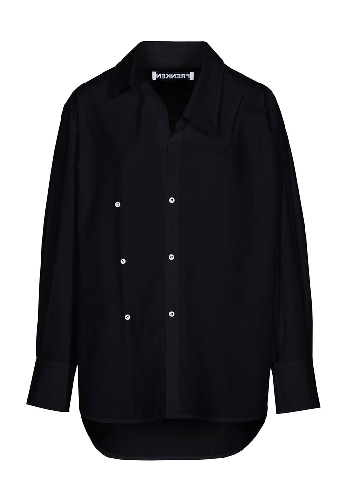Menswear-inspired asymmetric wrap-shirt. Features two rows of buttons that can be fastened in two different widths. 2 in 1. Pleated on one shoulder. Fits oversize.