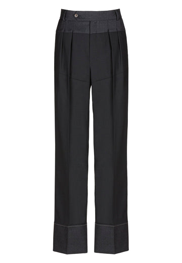 Straight pants that combine two classic wool fabrics. Features pockets, belt loops, and pressed creases. True to size.