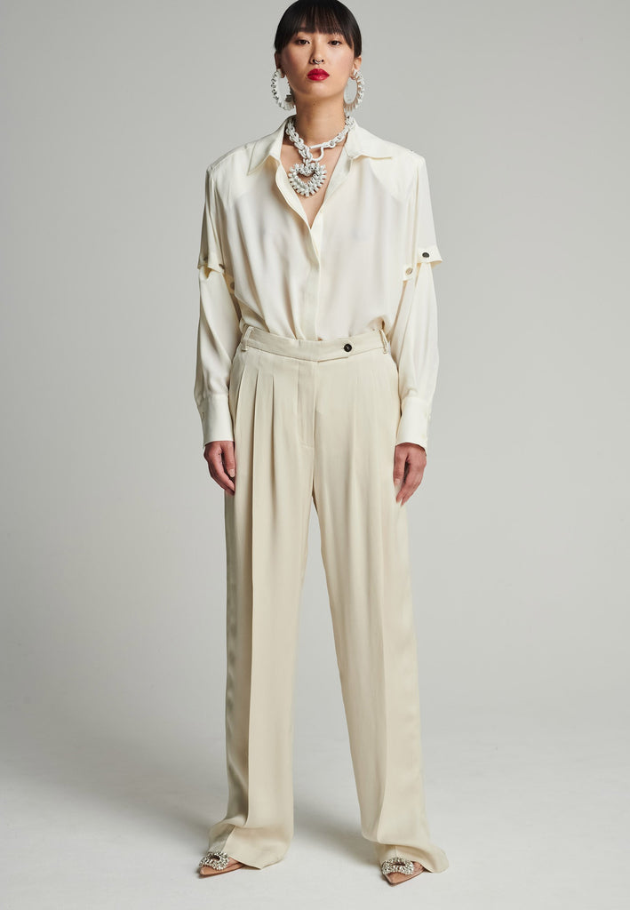 Wide-leg striped satin pants in stone. Features pockes, belt loops, and pressed front crease. True to size.