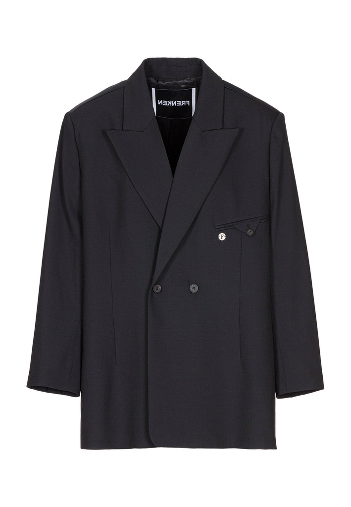 Wide-shouldered blazer in classic wool with an insideout back. Features shoulder pads and a fully lined back. Fits oversized.