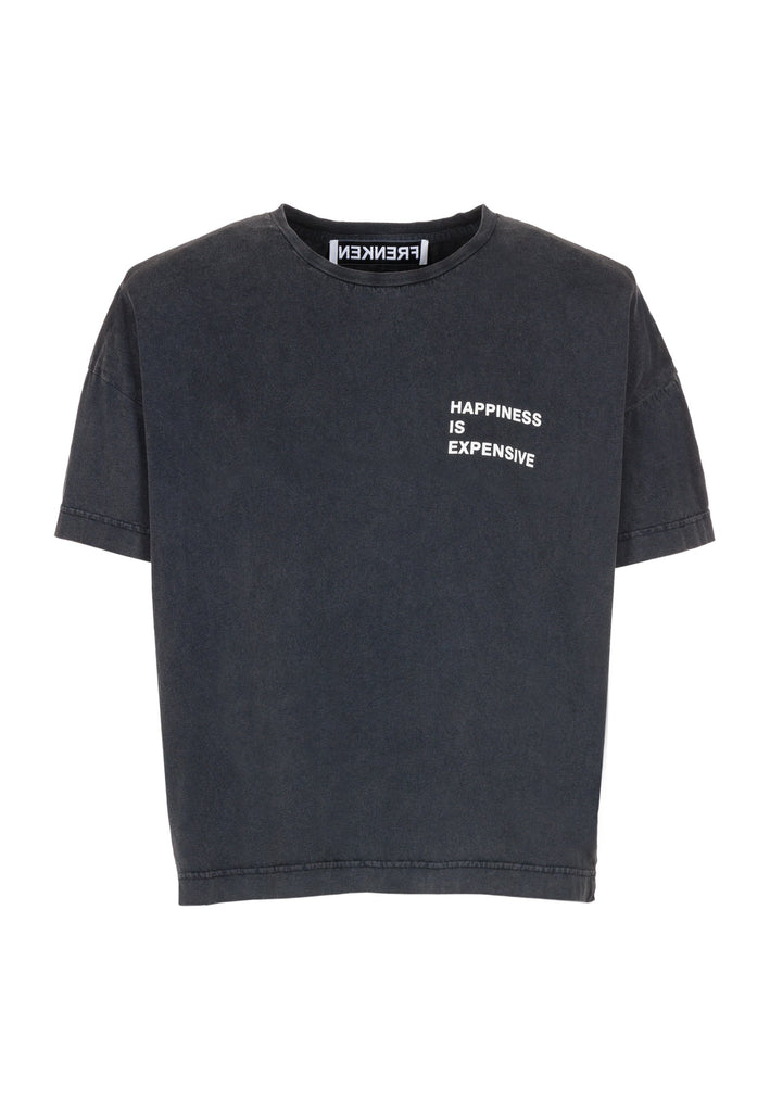 Cotton t-shirt in black. Features a crack-print with the phrase "Happiness is expensive". True to size.