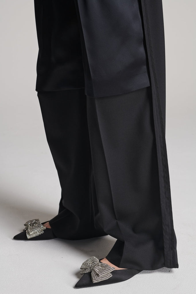 Wide-leg pants with insideout details. Features pockets, fully lined top and pressed creases. Fits oversized.