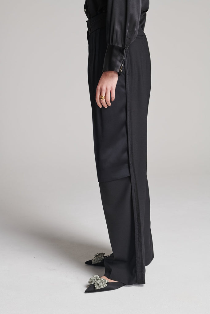 Wide-leg pants with insideout details. Features pockets, fully lined top and pressed creases. Fits oversized.