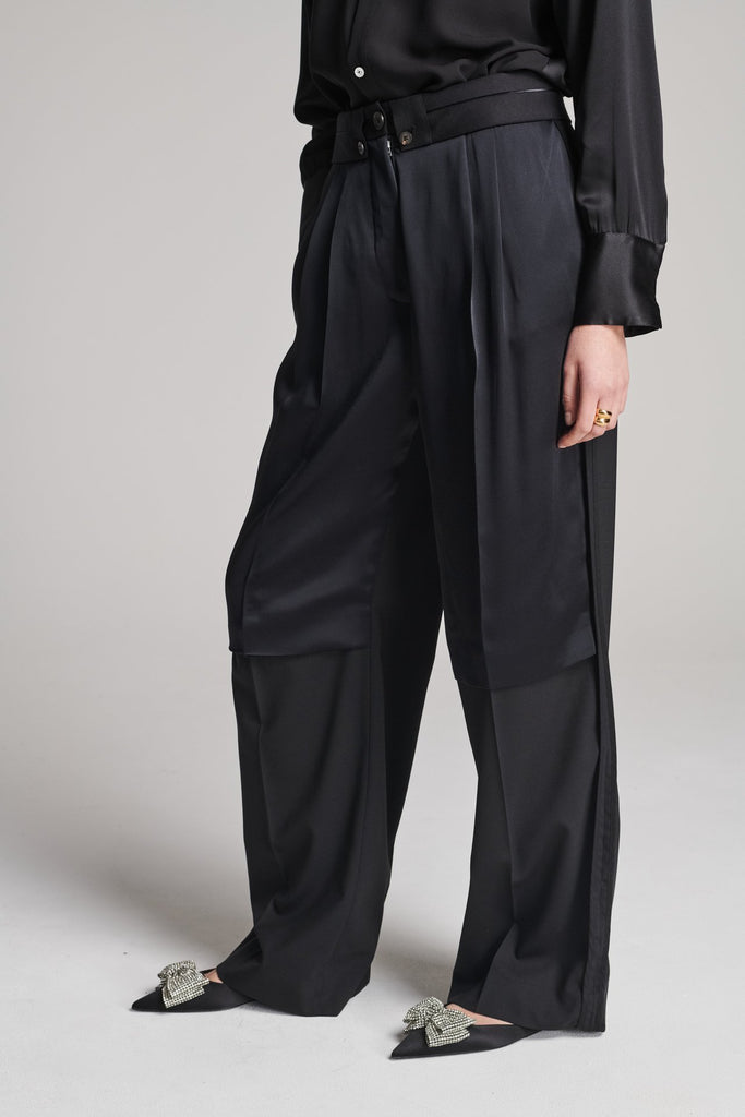 Wide-leg pants with insideout details. Features pockets, fully lined top and pressed creases. Fits oversized.