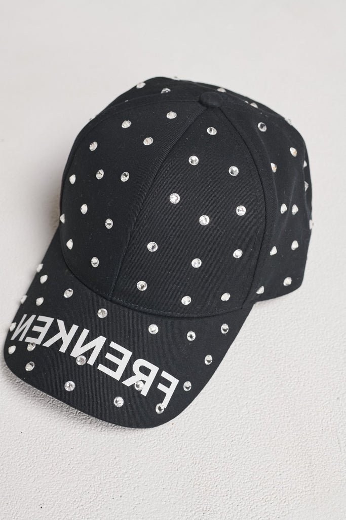 Cap accessory spiced-up with sprinkled dazzling Swarovski diamonds. Features stamped FRENKEN logo. Adjustable on the back.