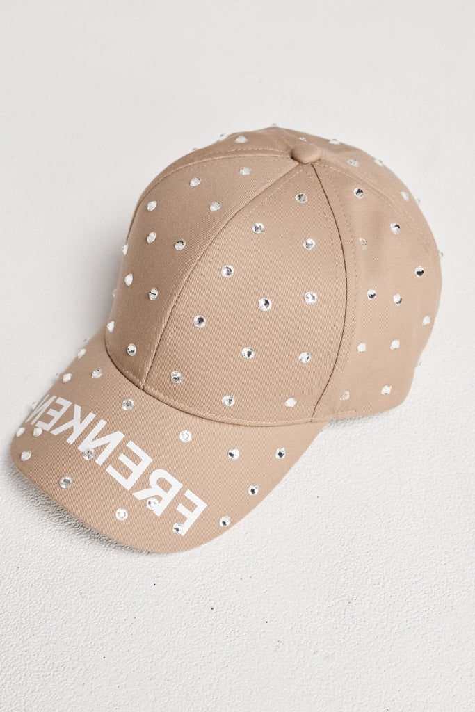 Cap accessory spiced-up with sprinkled dazzling Swarovski diamonds. Features stamped FRENKEN logo. Adjustable on the back.