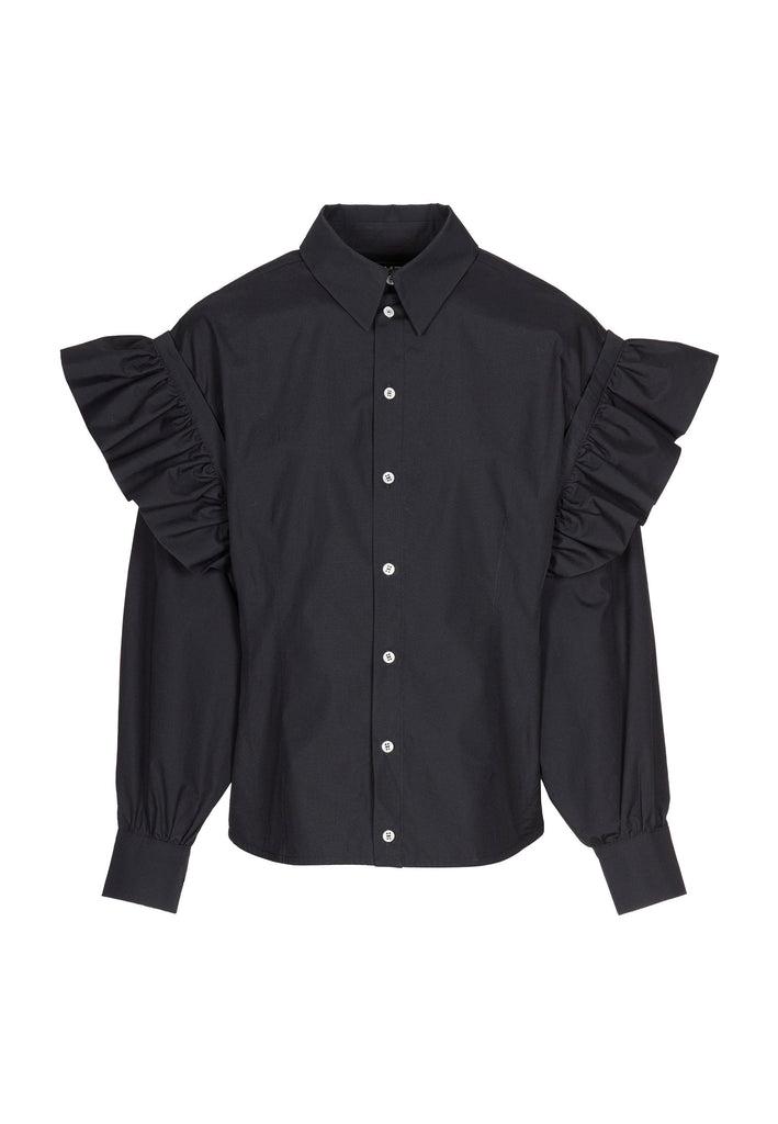 Wide-shouldered shirt with button fly-front. Features a batwing armhole with a detachable shoulder ruffle. Detailed with gold and silver press buttons, use them to separate the shirt's arms. Fits oversize.