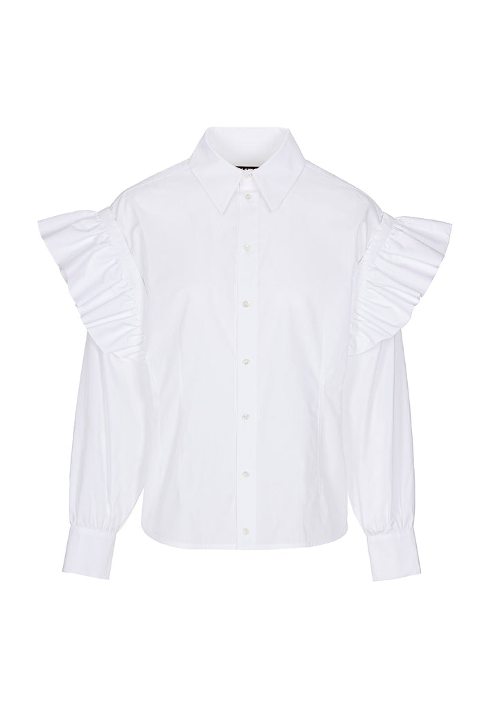 Wide-shouldered shirt with button fly-front. Features a batwing armhole with a detachable shoulder ruffle. Detailed with gold and silver press buttons, use them to separate the shirt's arms. Fits oversize.