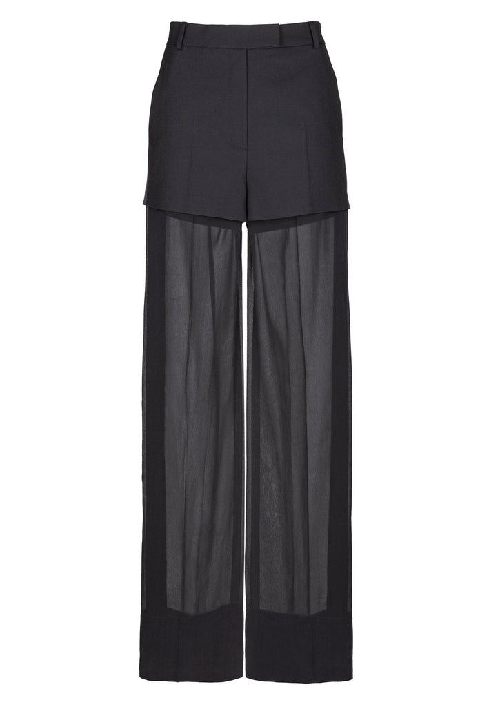 Wide-leg pants-shorts with see-through details. Features pockets, belt loops, satin band on side seam and pressed creases. Fits oversized.