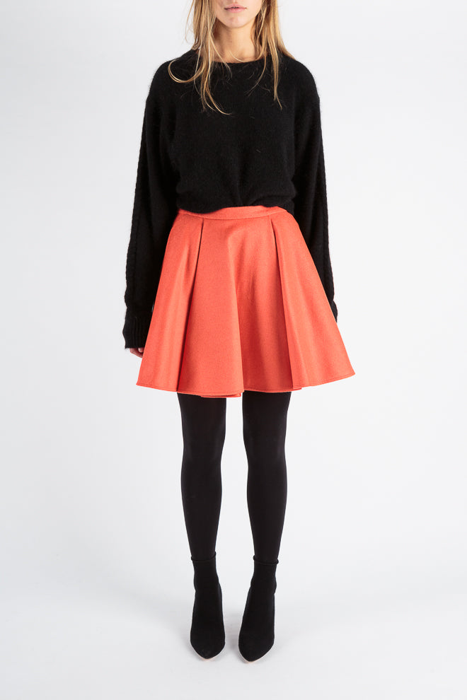 Lenglen skirt, juice color. Felt wool shapped skirt with gross grain and copper detail at back panel. frenkenfashon.com