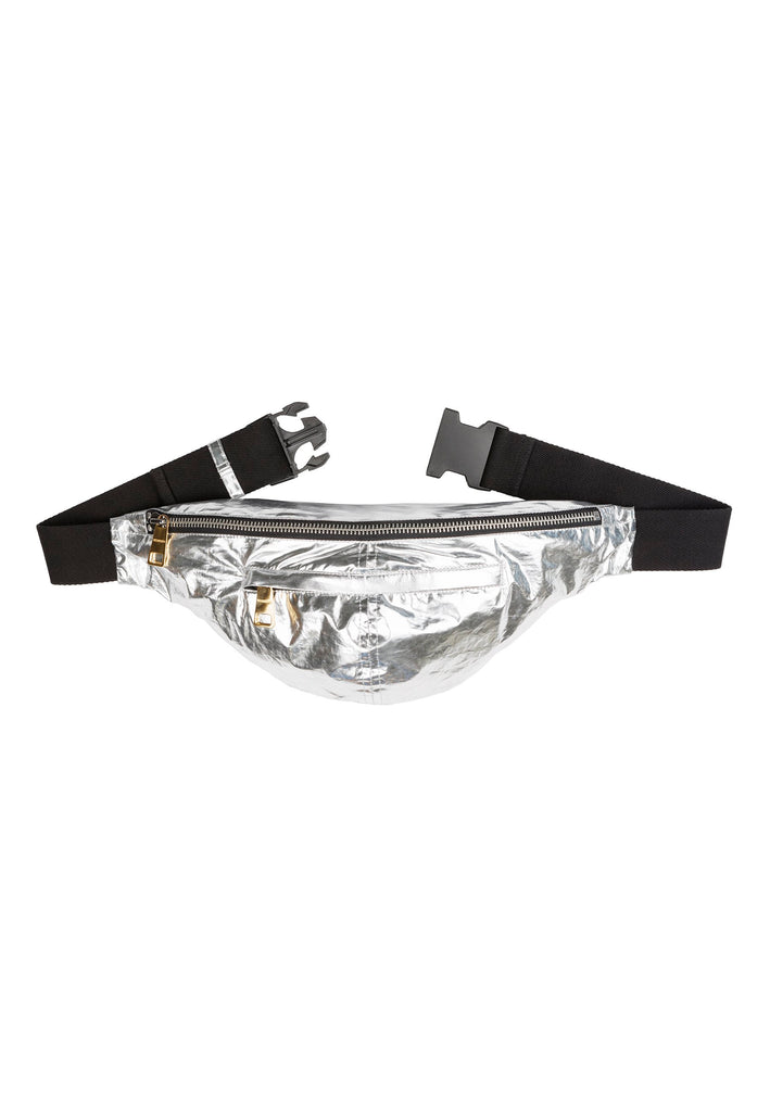 Shiny silver belt fanny bag. Features an adjustable strap and zip fastening with beautiful heavy zippers. Can be used as a crossbody bag.