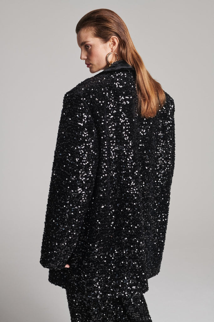 Wide-shouldered blazer with sequins all-over. Features a velvet collar. Fits oversized.