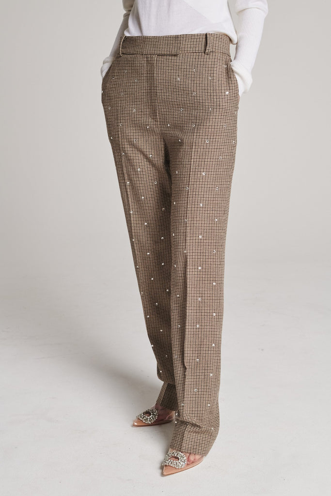 Straight grandpa-inspired check suiting pants. Spiced-up with sprinkled dazzling Swarovski diamonds, pockets, belt loops, and pressed creases. True to size.