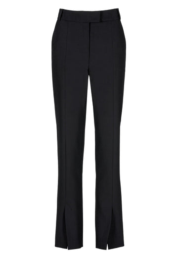 Slim pants in black. Features pockets, belt loops, pressed front pleats, and na ankle opening. True to size.