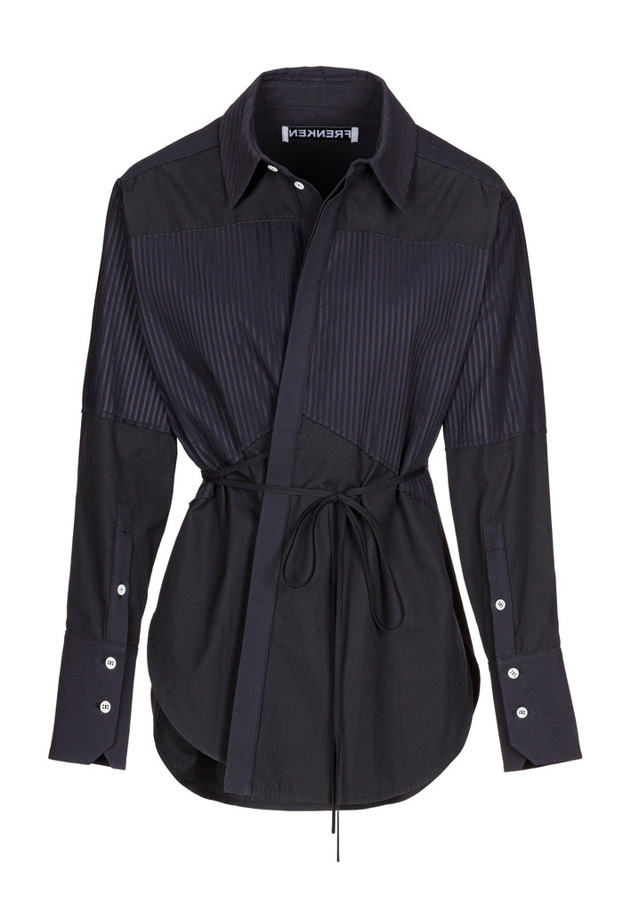 Menswear-inspired shirt. Features plisse details at the top front panel and back. Detailed with a classic collar stand, a concealed button fly-front and a string belt to adjust to your liking. Fits oversize.