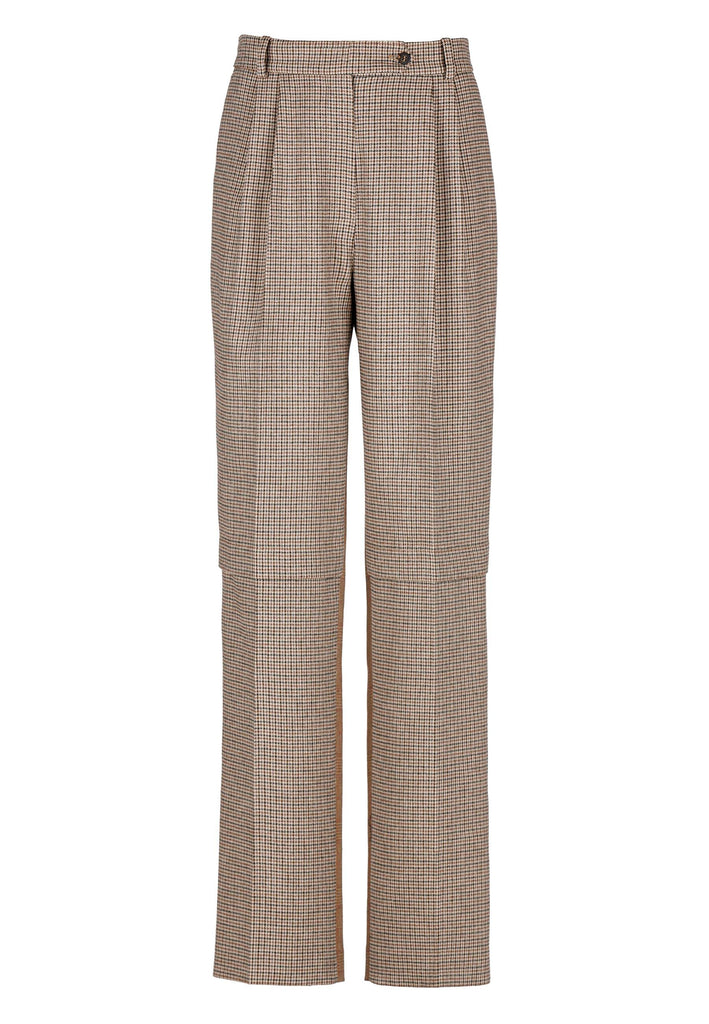 Straight pants that combine two grandpa-inspired check-suiting fabrics. Features pockets, belt loops, and pressed creases. True to size.