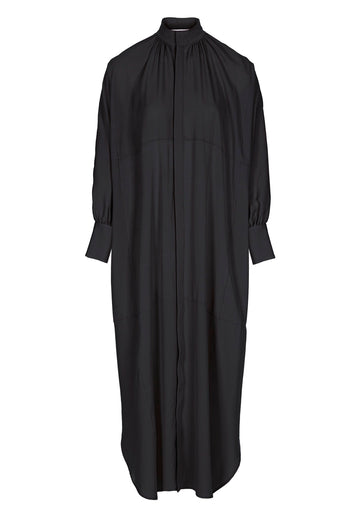 Silk maxi shirt-dress. Features turtleneck, snap buttons and adjustable cuffs. Fits oversized.