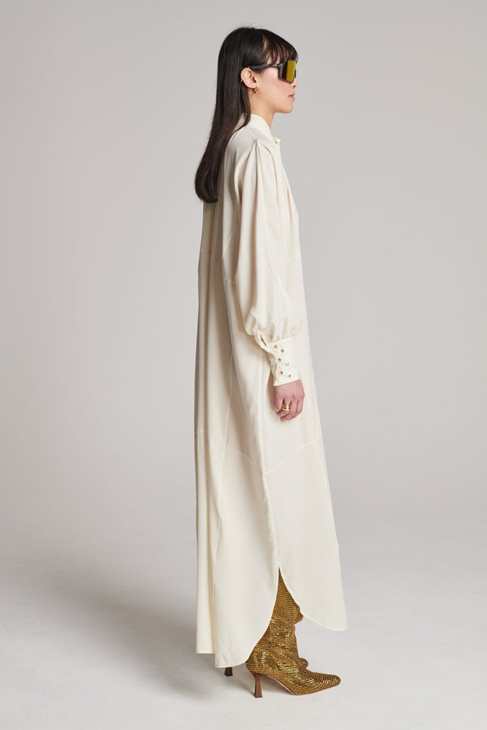 Silk maxi shirt-dress. Features turtleneck, snap buttons and adjustable cuffs. Fits oversized.