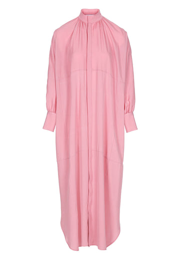 Silk maxi shirt-dress. Features turtleneck, snap buttons and adjustable cuffs. Fits oversized.