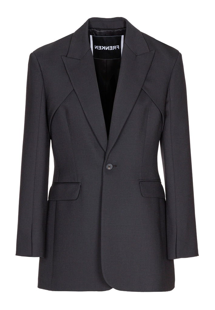 Shoulder-padded fitted blazer. Features a double layer at the front top panel and back. True to size.