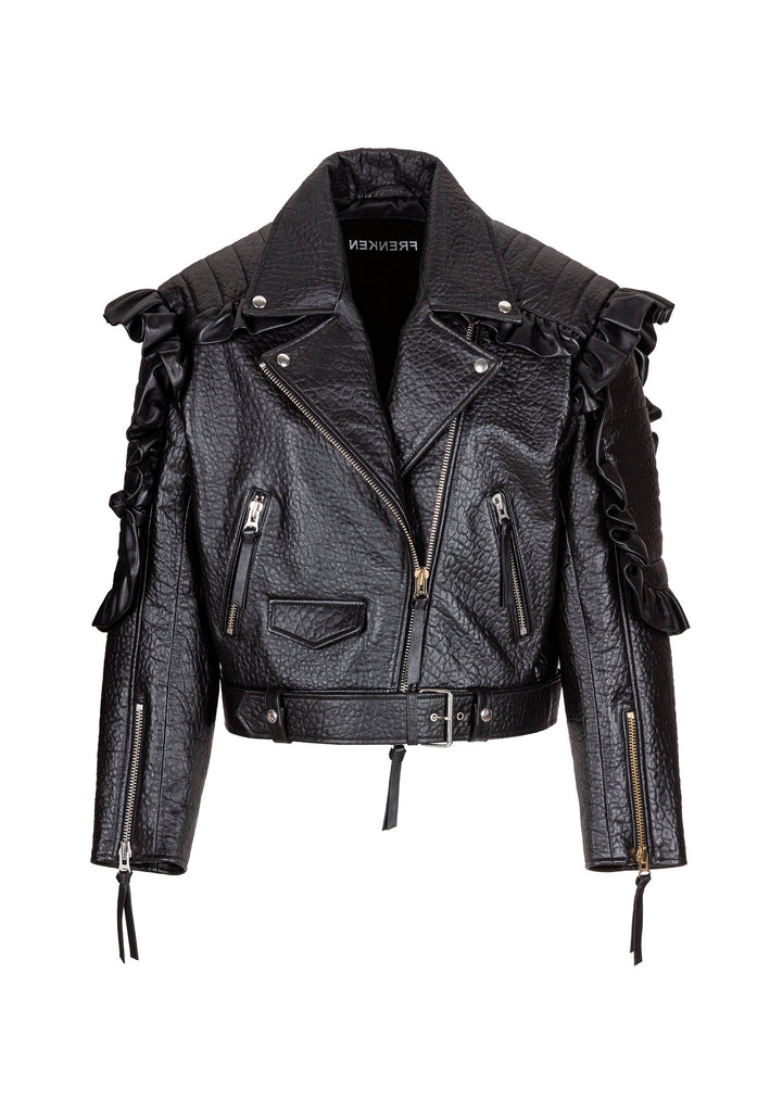 Shoulder-padded leather biker jacket. Features metal press buttons and zip fastening, cuff zips, pockets, a leather belt to adjust to your liking and shoulder and arm ruffles. Fits oversized.