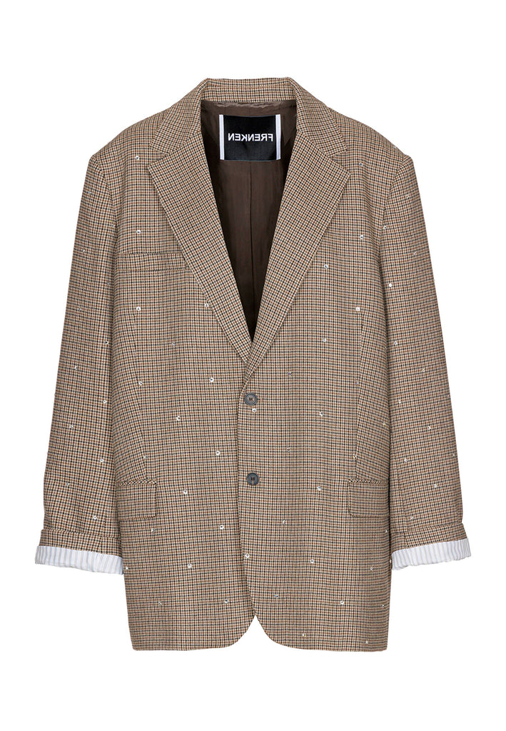 Wide-shouldered blazer in grandpa-inspired check fabric. Spiced-up with sprinkled dazzling Swarovski diamonds, pockets, and exaggerated long sleeves. Fits super oversize.