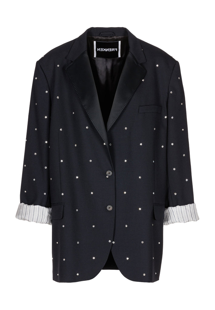 Wide-shouldered blazer in navy. Features sprinkled Swarovski diamonds, shoulder pads, pockets, and exaggerated long sleeves. Fits super oversize.