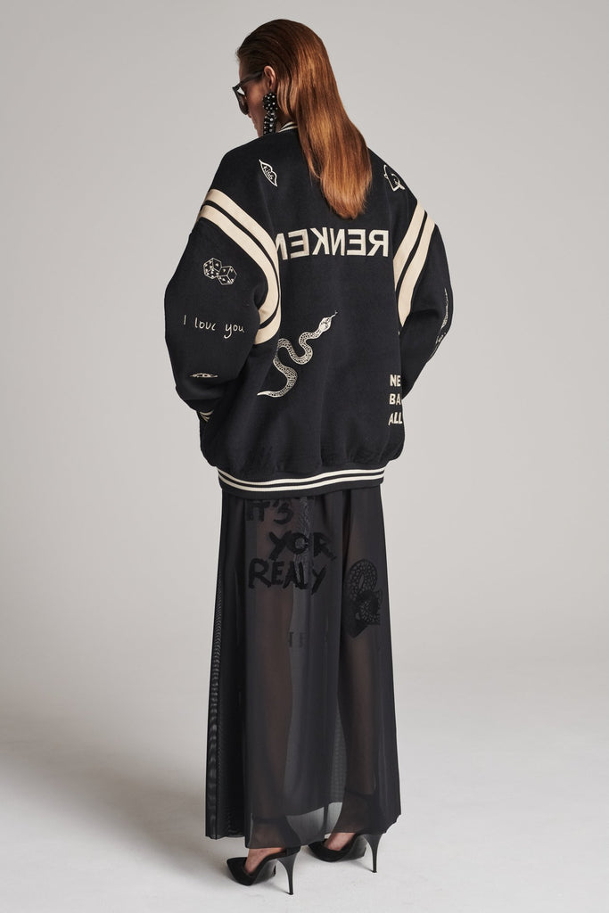 Wide-shouldered baseball jacket. Features unique designs all-over, stamped logo on the back, press buttons, leather shoulder straps, pockets, elasticated cuffs and waistband. Fits oversized.