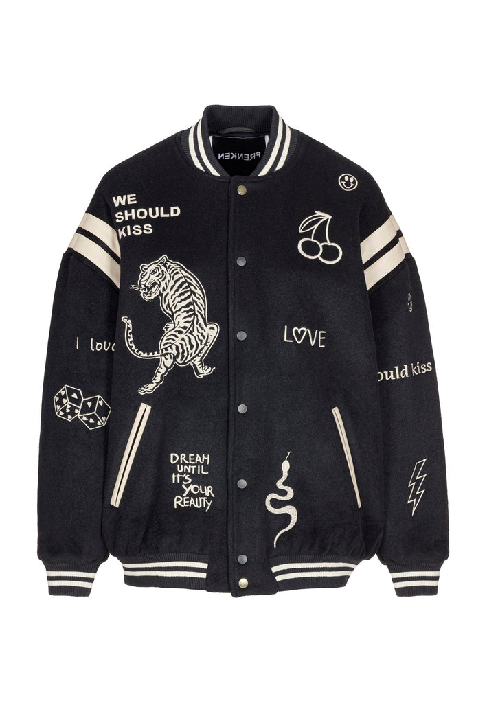 Wide-shouldered baseball jacket. Features unique designs all-over, stamped logo on the back, press buttons, leather shoulder straps, pockets, elasticated cuffs and waistband. Fits oversized.