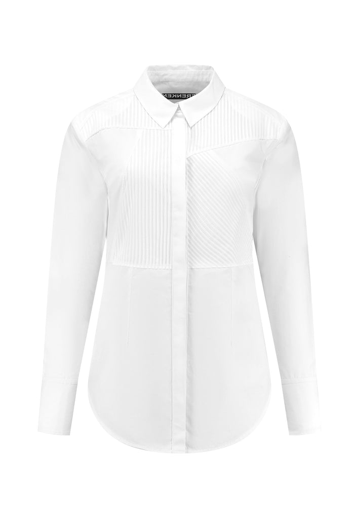 Designed with serious style mileage in mind this sharp slim-cut men-inspired shirt. Cut for a fitted design, darts at the waist. Detailed with deconstructed tuxedo pleats. Six-hole buttons at the cuffs and hidden under the concealed front button closure. Curved hem. Cut from 100% cotton poplin. Made in Lithuania.